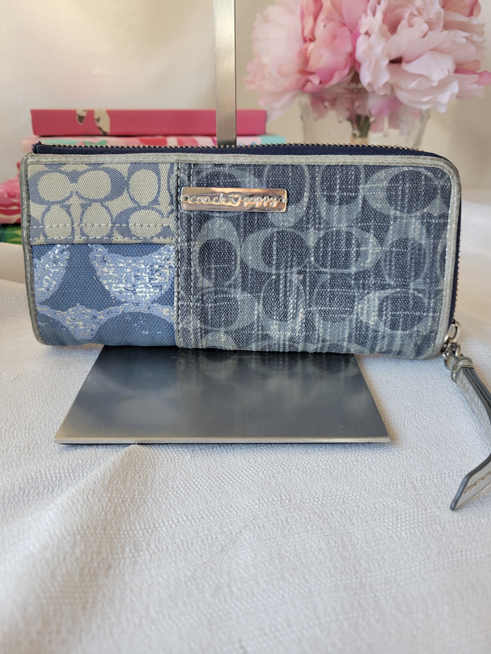 Coach Poppy Signature Denim Patchwork Zip Wallet